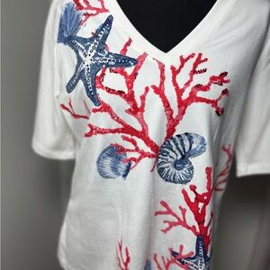 Chico's White Cotton Blend Top Sea shells Coral